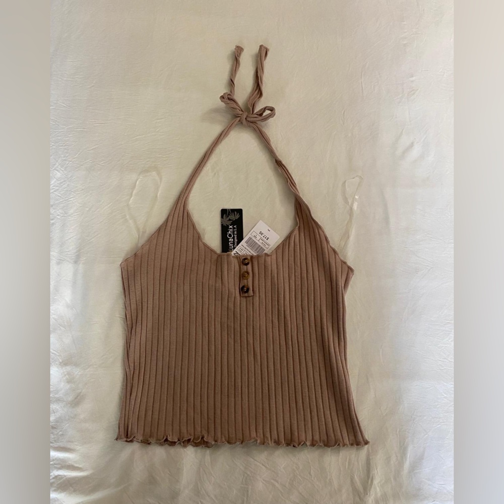 Tan Ribbed Tie Front Sleeveless Tank Top